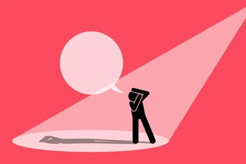 Person trying to avoid limelight and covering his eyes from glaring spotlight Illustrazione stock