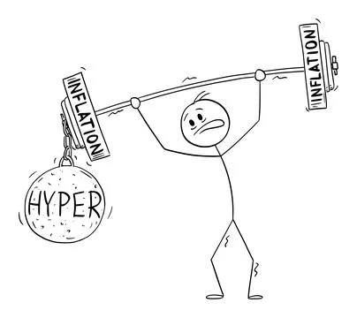 Person Trying to Withstand the Hyperinflation , Vector Cartoon Stick Figure Stock Illustration