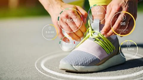 Person tying shoelaces while tracking running metrics such as speed, distance Foto stock