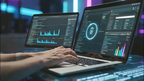 A person typing code on a laptop with multiple screens Stock Footage 313021811