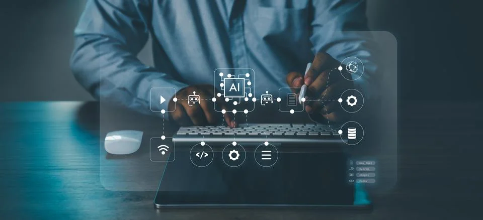 Person typing on keyboard while interacting with digital AI interface overl.. Stock-Fotos