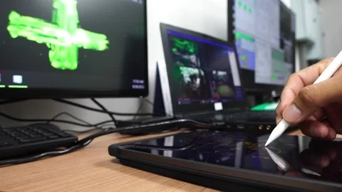 Person typing on a tablet in control room Stock Footage 215687848