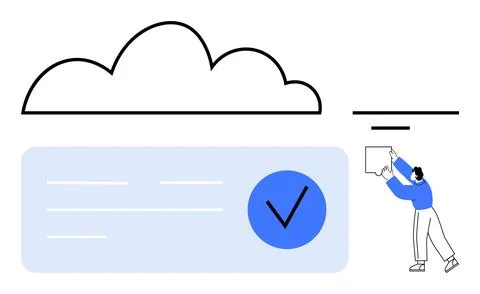 Person Uploading Document to Cloud with Verification Checkmark, Emphasizing.. Stock Illustration