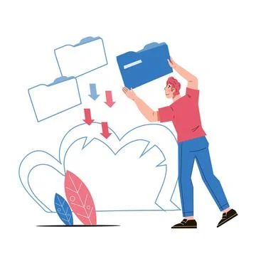 A person uses a computer cloud system to store files. Digital document storag Stockillustratie