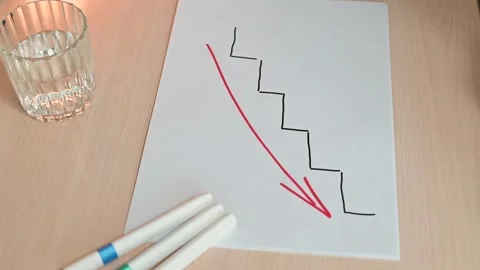 A person uses markers to draw simple charts on paper, showing changes in data Stockbeeldmateriaal 337558754