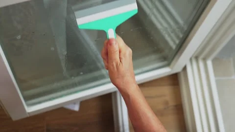 Person uses a squeegee to clean a window in a bright kitchen during day time Stock-Footage 330073131