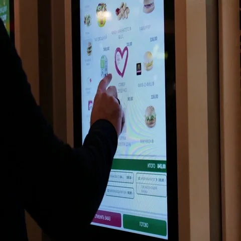 A person uses the touchscreen menu for odering some food in a fast-food Stock Footage 69502580