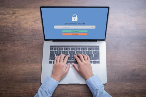 Person using access window to log in entering password on laptop, Sign up use Foto stock