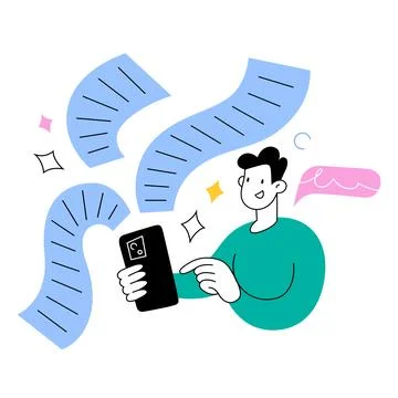 Person using AI chatbot to create lots of text, person typing a prompt using his Illustrazione stock