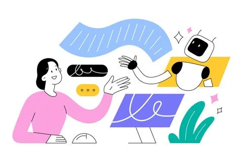 Person using AI chatbot, giving a prompt to a chat bot, uses a virtual assistant 스톡 일러스트