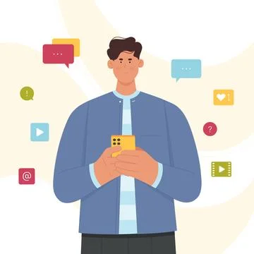 Person using apps in smartphone, young man surrounded by icons of mobile Illustrazione stock