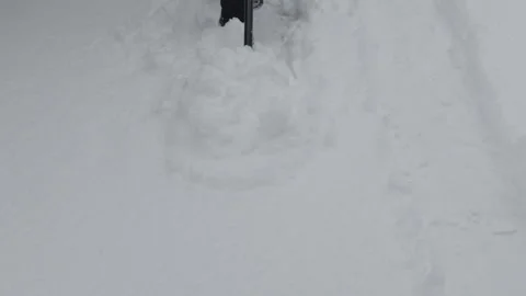 A person using a black shovel to clear a patch of white snow on backyard. Stock Footage 326310379