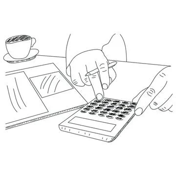 Person using calculator with notebook and coffee on table Stock-Illustration