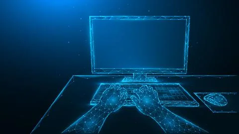 Person using computer and typing on keyboard. Work on computer. Polygonal vec Stock Illustration