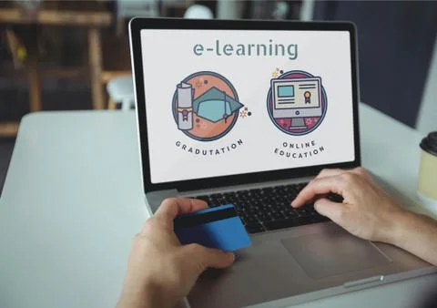 Person using a computer with e-learning information in the screen Foto stock