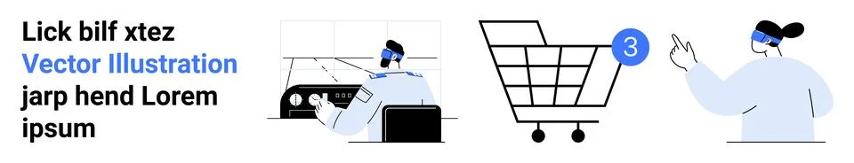 Person using a computer, empty shopping cart with notification 3, person poin Illustrazione stock