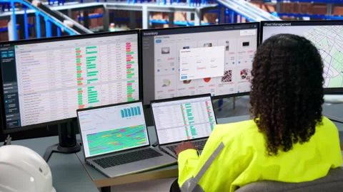 Person Using Computer To Manage Warehouse Inventory Stock Footage 339910051