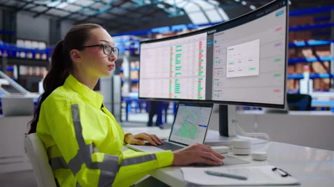 Person Using Computer To Manage Warehouse Automation Stock Footage 345859114