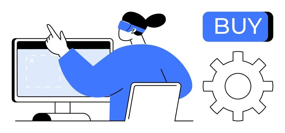 Person using computer with a virtual reality headset, pointing at screen. Inc Stock Illustration