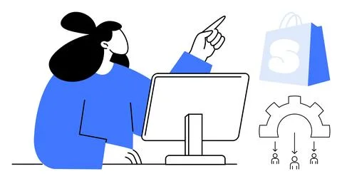 Person using computer while pointing upwards, accompanied by a shopping icon  イラスト素材