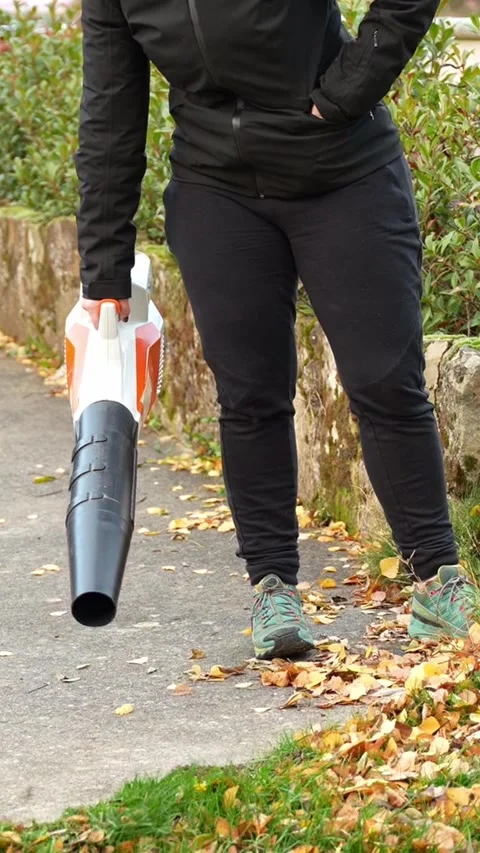 Person using cordless leaf blower in autumn Stock Footage 324801159