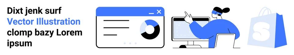 Person using desktop computer analyzing data reports with visual charts. Blue Stock Illustration