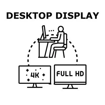 Person using desktop computer displaying different resolutions Stock Illustration