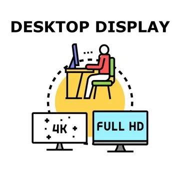 Person using desktop computer displaying different resolutions Stock Illustration