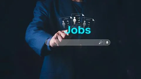 Person using digital screen with job search icons Stock Photos