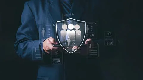 Person using digital security shield with icons and graphics Stock Photos