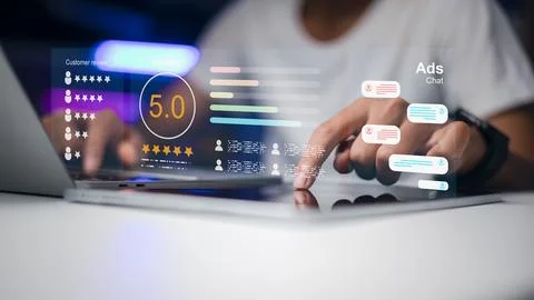Person using digital tablet and laptop with virtual graphics of customer re.. Stock Photos