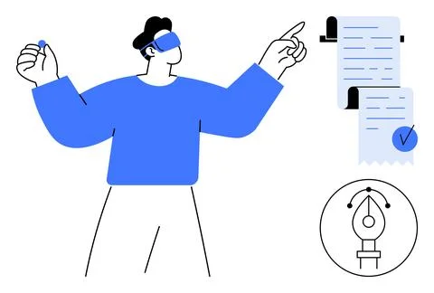 A person using digital tools to interact with data and documents. Ideal for d Stock Illustration
