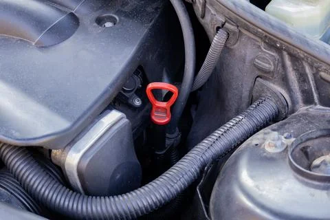 A person is using a dipstick to check the engine oil level of a car in a ga.. 写真素材