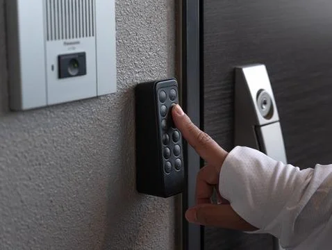 Person using electronic combination lock system to unlock the entrance door. 写真素材