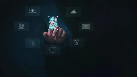 Person using fingerprint scanner with digital icons around Stock Photos