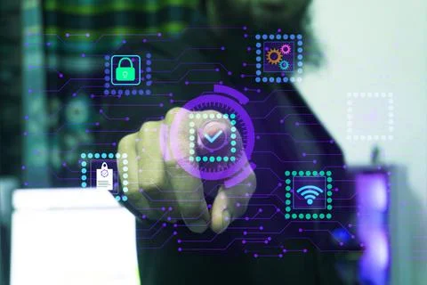 Person using futuristic augmented reality interface with icons for security.. Stock Illustration