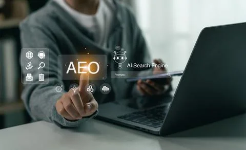 Person using futuristic technology interface with holographic digital icons.. Stock Photos