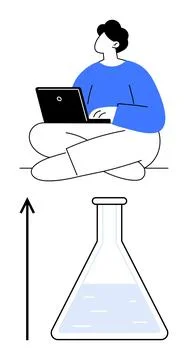 Person Using Laptop Above Flask, Symbolizing Growth in Science and Technology Illustrazione stock