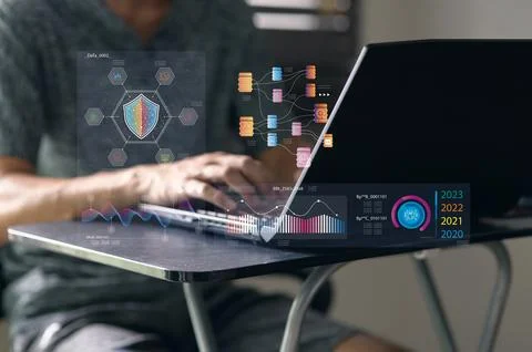 Person Using Laptop with Analytic Dashboard and Data Visualization Stock Photos