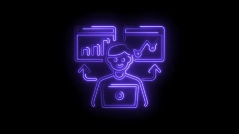 Person using laptop to analyze data with neon style on black background Stock Footage 330772987