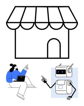 Person Using Laptop and Robot Interacting in Front of Storefront Building S.. Ilustración de archivo