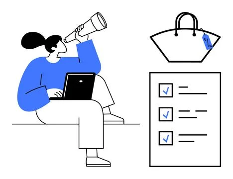 Person Using Laptop and Telescope with Shopping Bag and Checklist Stock Illustration