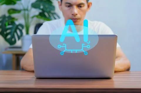 Person Using Laptop with Artificial Intelligence Concept Visualization Stockfoto's