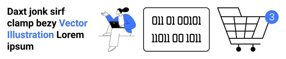Person using laptop, binary code panel, shopping cart with notification. Idea 스톡 일러스트