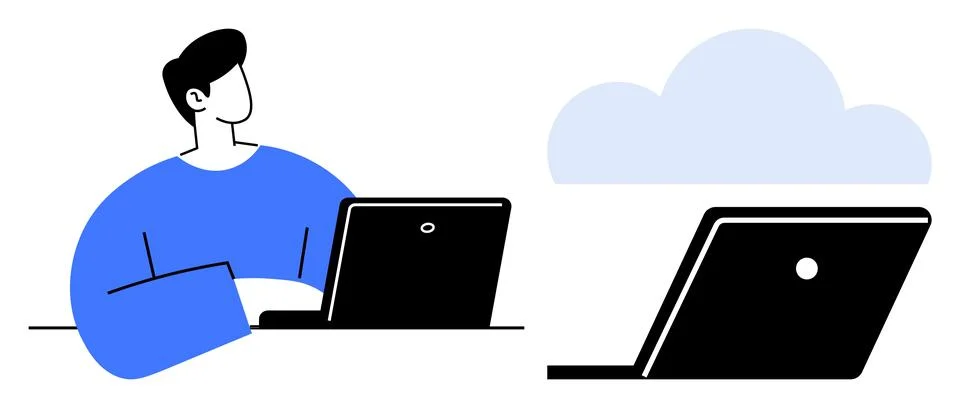 Person Using Laptop with Cloud Technology Concept in Minimalist Art Style Stock Illustration