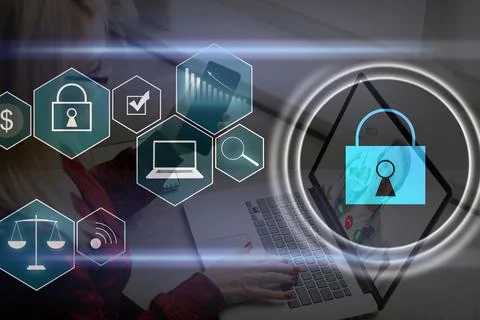 Person using a laptop computer with technology cybersecurity and privacy concept Foto stock