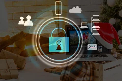 Person using a laptop computer with technology cybersecurity and privacy concept Foto stock