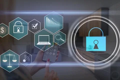 Person using a laptop computer with technology cybersecurity and privacy concept 스톡 사진