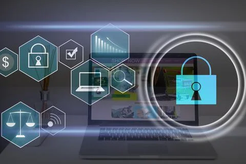 Person using a laptop computer with technology cybersecurity and privacy concept 写真素材