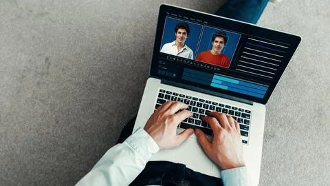 Person using a laptop to create a deep fake video at home in the evening Stock Photos
